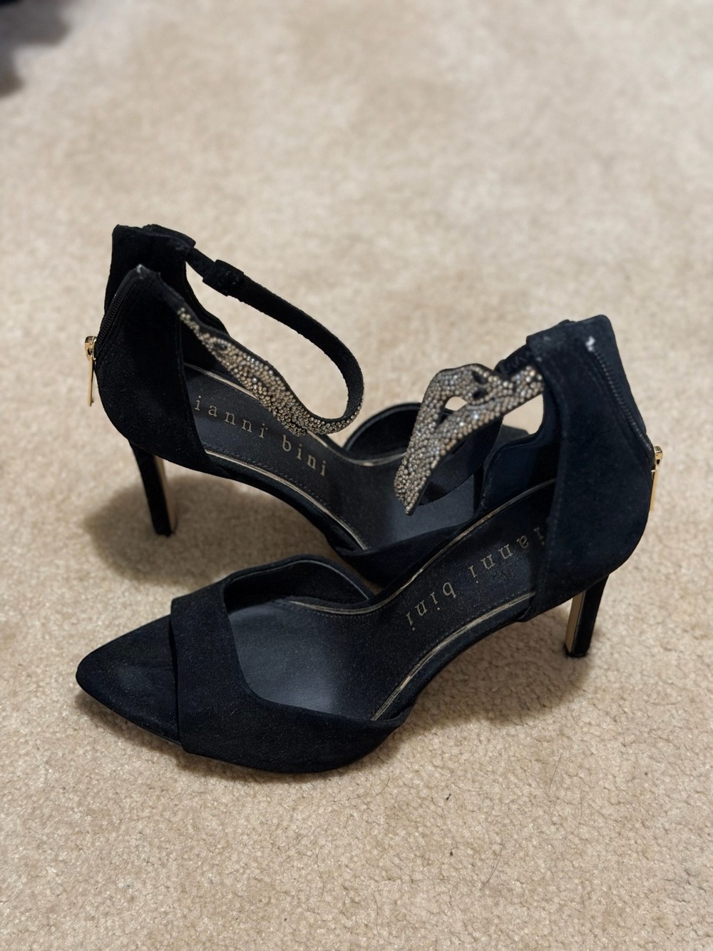 Gianni Bini Black Suede Crystal-Embellished Ankle-Strap Heels
